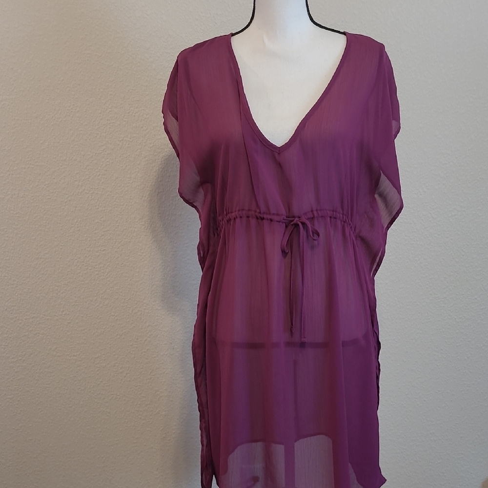 Purple Sheer V-Neck Swim Suit Cover Up M